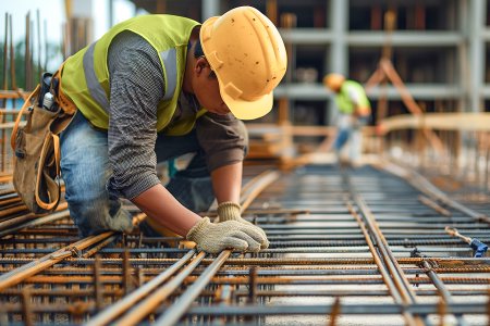 Construction worker placing steel reinforcement bars, representing automated pre-production and improved accuracy at ARGE Baustahl.