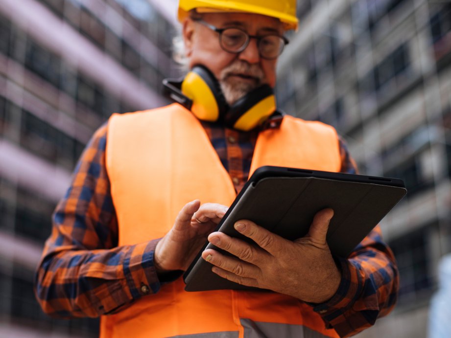 Bauleiter überprüft den Baufortschritt auf seinem Tablet-Gerät