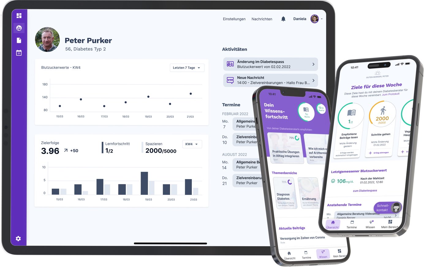 Dashboard für Diabetesberater und eine mobile Ansicht für Diabetespatienten, die die Kooperation von sclable und Future Health Lab zur Verbesserung der Diabetesversorgung durch intuitive, auf den Menschen ausgerichtete digitale Lösungen demonstriert