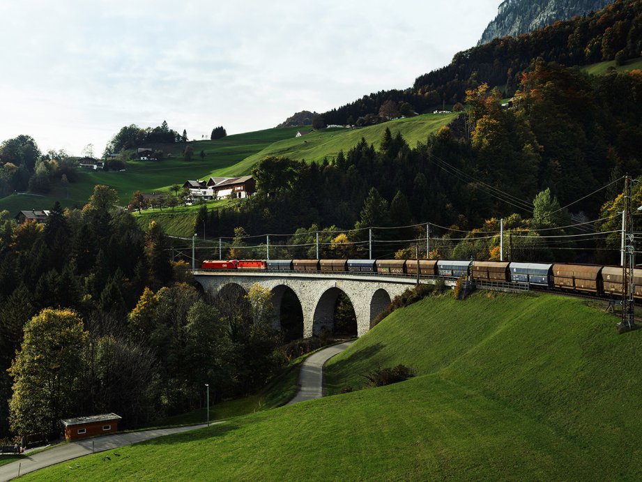 Ein Zug der Rail Cargo Group fährt über eine Brücke in einer Naturlandschaft