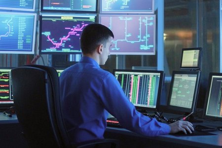 Rail operations specialist monitoring digital control systems, representing data-driven logistics workflows in the Rail Cargo Group case study.