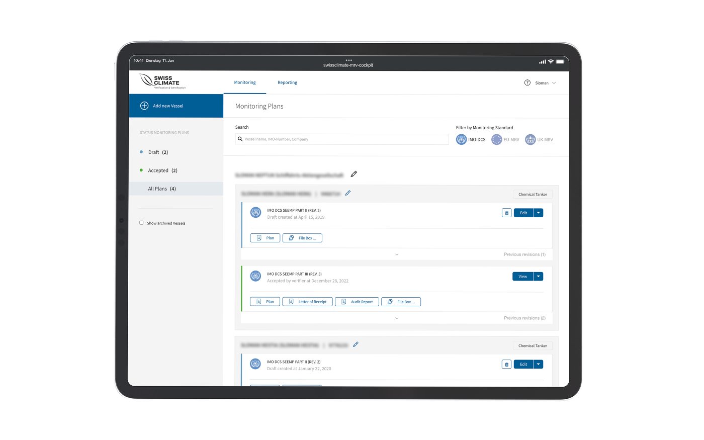 Digital CO₂ monitoring cockpit – ship management and audit planning by Swiss Climate enabled through Sclable Workflow Intelligence.
