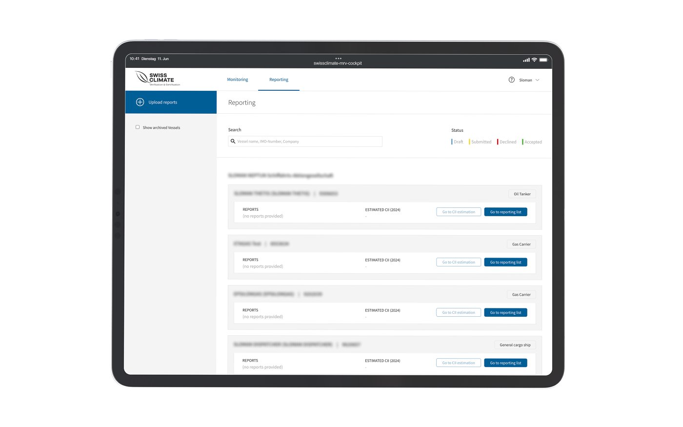 CO₂ Monitoring Cockpit Reporting – digitale Audit- und Reporting-Plattform von Swiss Climate und Sclable für maritime Nachhaltigkeit.