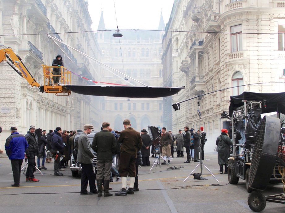Multiple people and film equipment on a film location