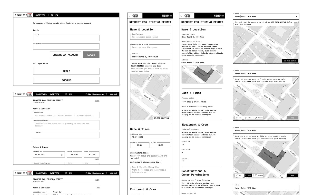 Wireframes für den Antrag auf Drehgenehmigung und das Back-Office-Dashboard